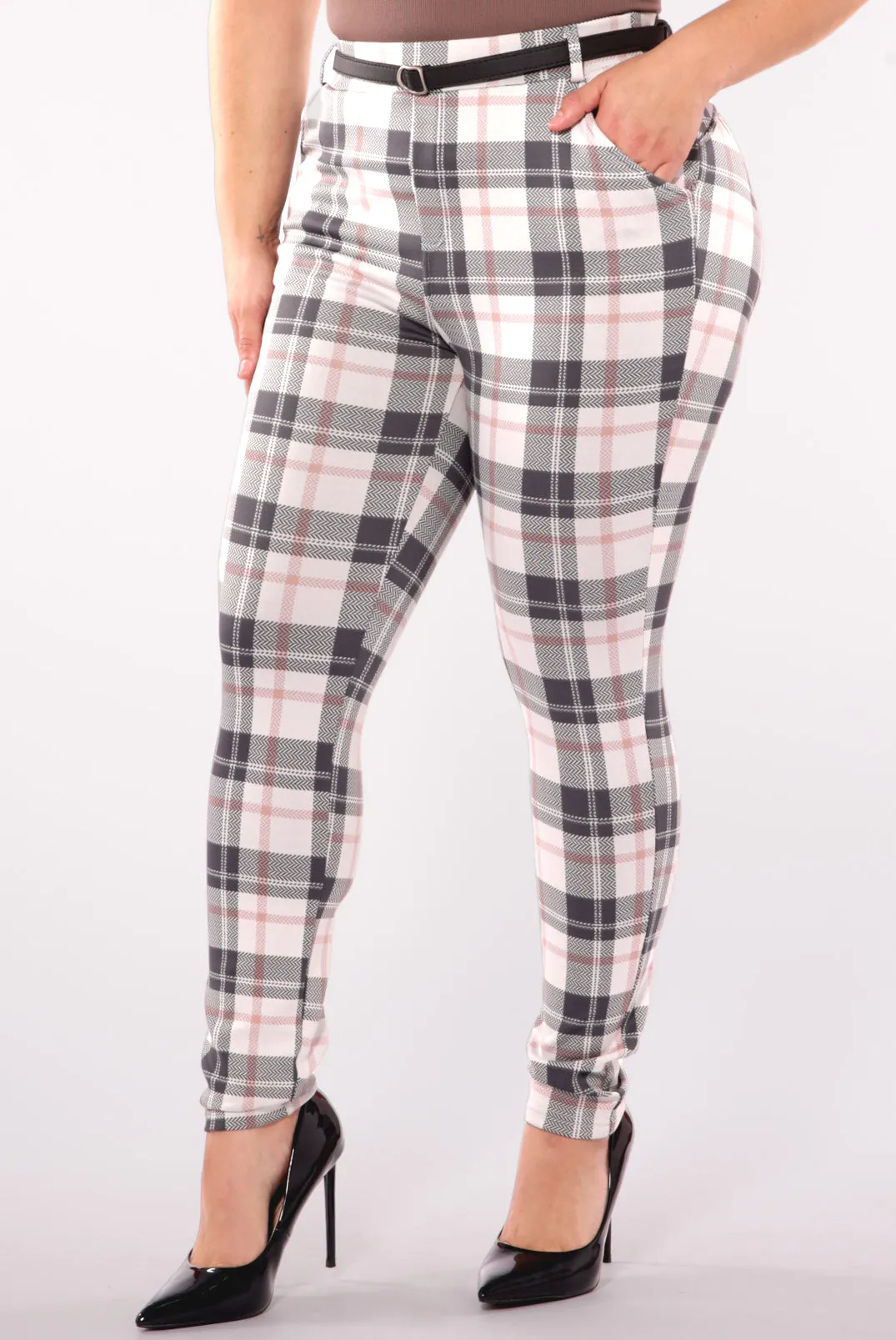 Plus Size Sculpting Treggings With Faux Leather Belt - Sage & White Plaid