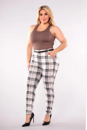 Plus Size Sculpting Treggings With Faux Leather Belt - Sage & White Plaid