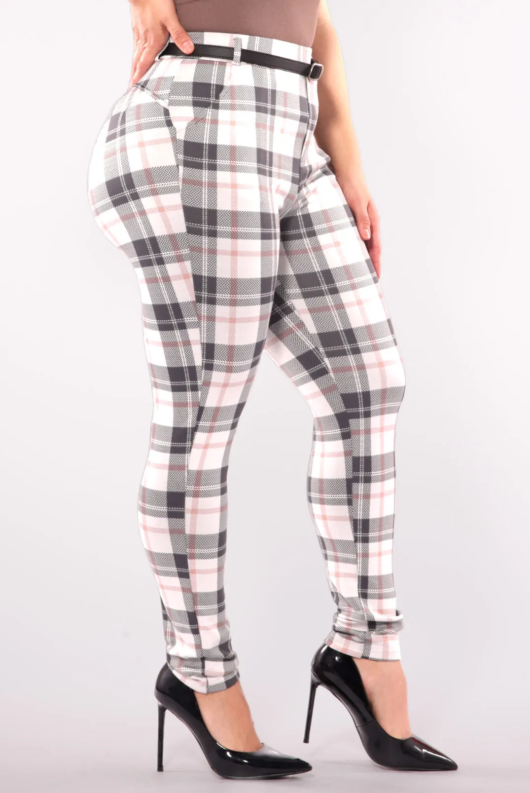 Plus Size Sculpting Treggings With Faux Leather Belt - Sage & White Plaid