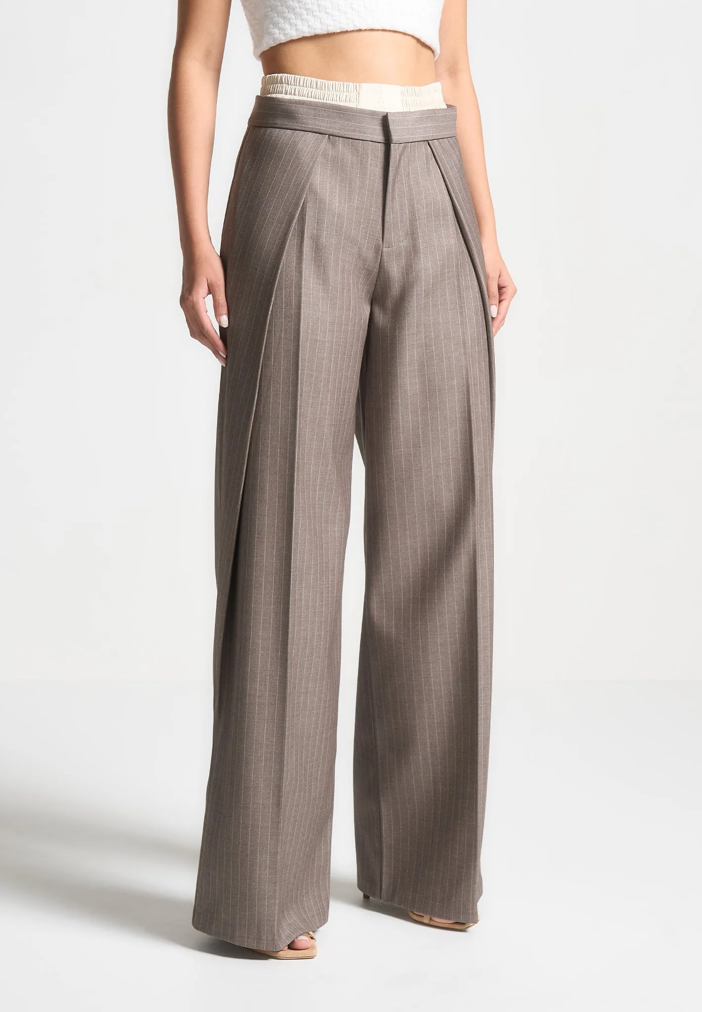 Satin Waistband Pinstripe Trousers - Taupe