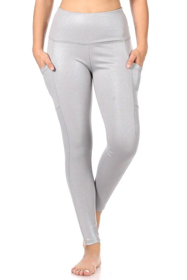 Shiny Heat Seal Print High Waist Tummy Control Sports Leggings With Pockets - Grey