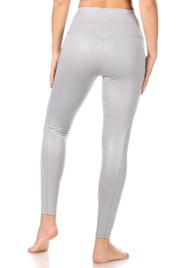 Shiny Heat Seal Print High Waist Tummy Control Sports Leggings With Pockets - Grey