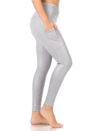 Shiny Heat Seal Print High Waist Tummy Control Sports Leggings With Pockets - Grey