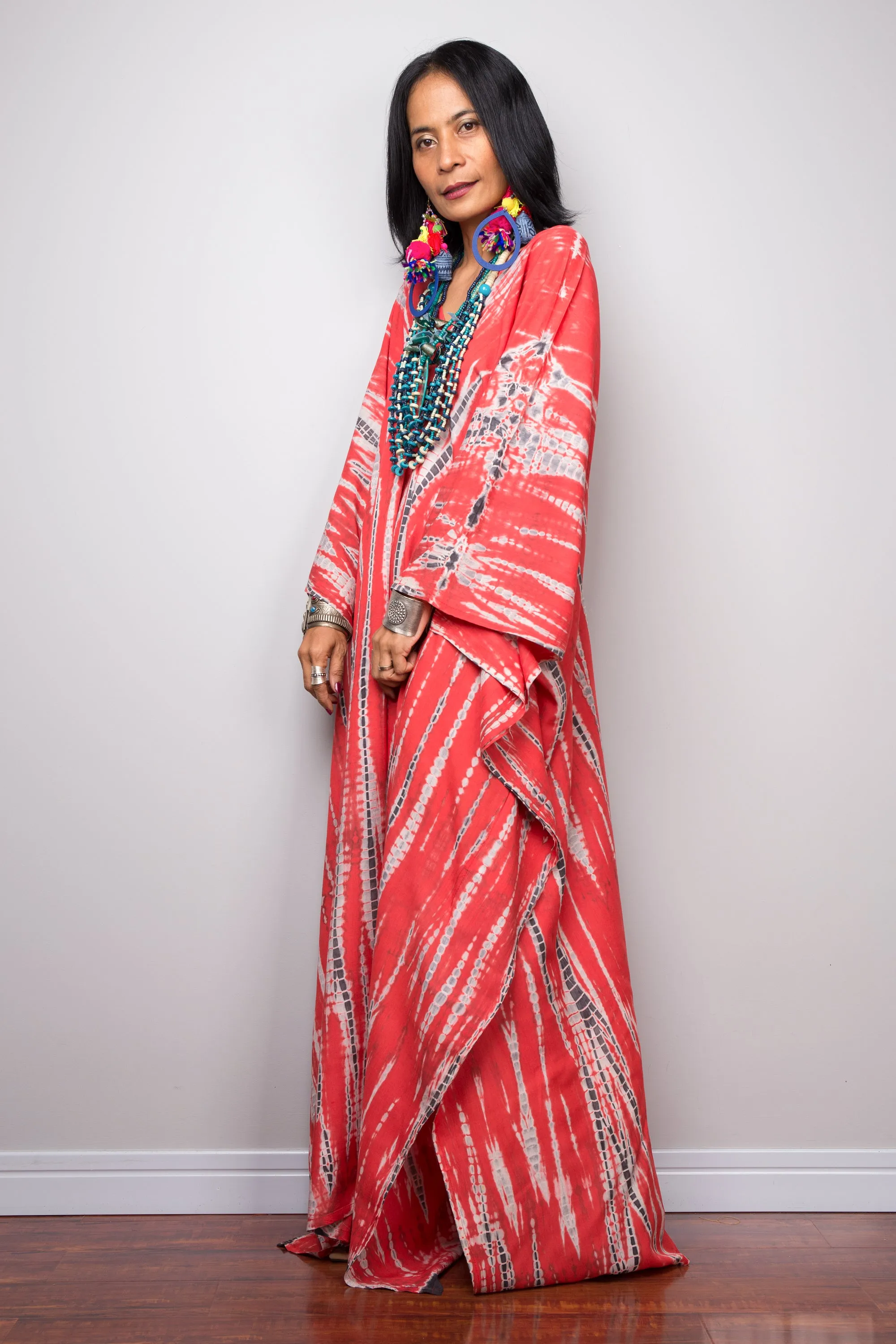 Tie dye kaftan, Beach dress, Long red Maxi dress, resort Kaftan, Summer kaftan,