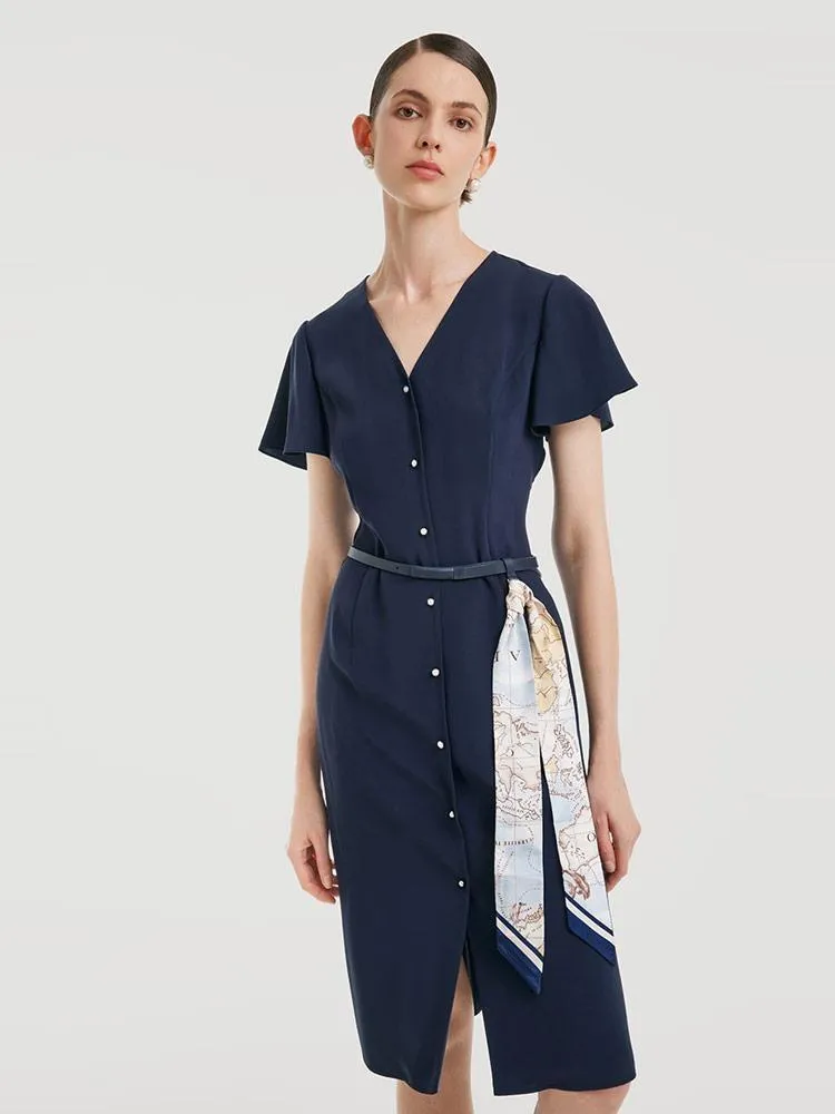 Triacetate Dress With Belt And Silk Scarf