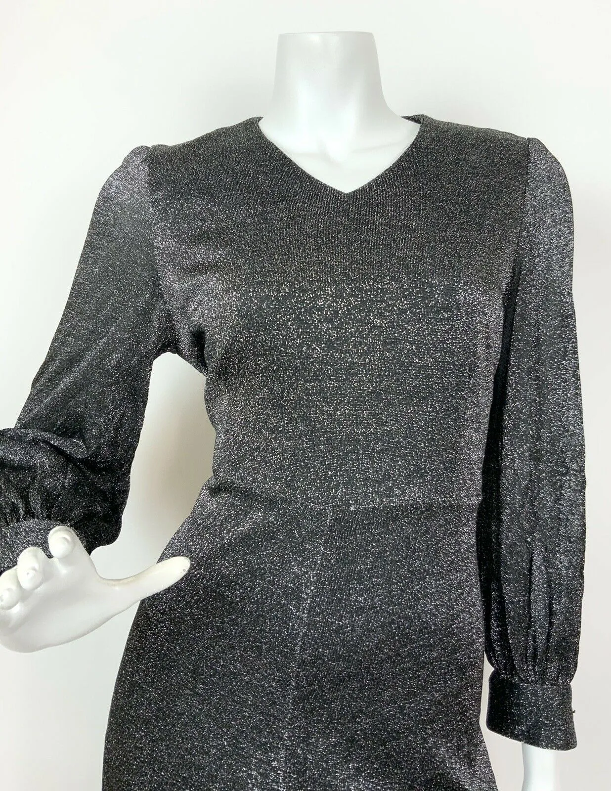 VINTAGE 60s 70s BLACK SILVER GLITTER LUREX DISCO PARTY GLAM MAXI DRESS 12 14