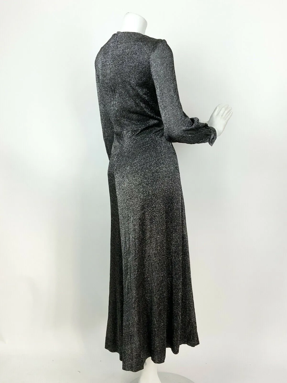 VINTAGE 60s 70s BLACK SILVER GLITTER LUREX DISCO PARTY GLAM MAXI DRESS 12 14