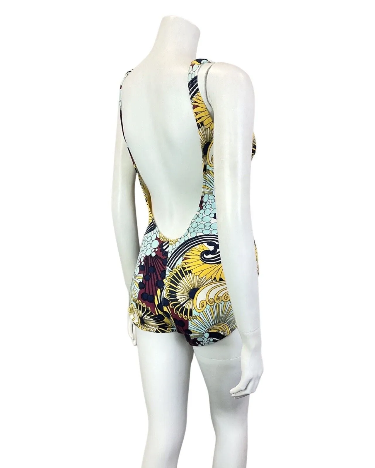 VINTAGE 60s 70s BLUE YELLOW RED FLORAL PSYCHEDELIC FAN SWIMSUIT 8 10