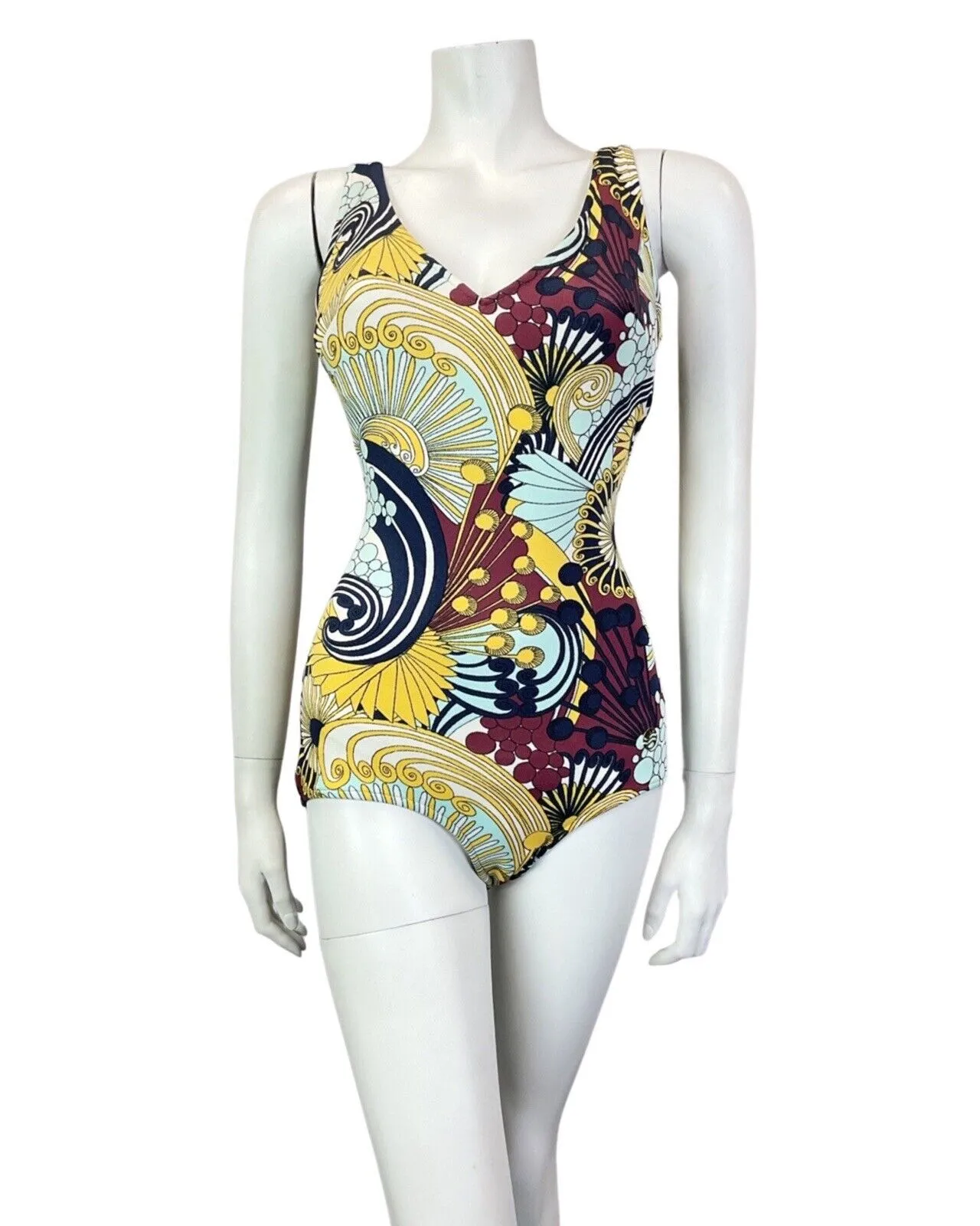 VINTAGE 60s 70s BLUE YELLOW RED FLORAL PSYCHEDELIC FAN SWIMSUIT 8 10