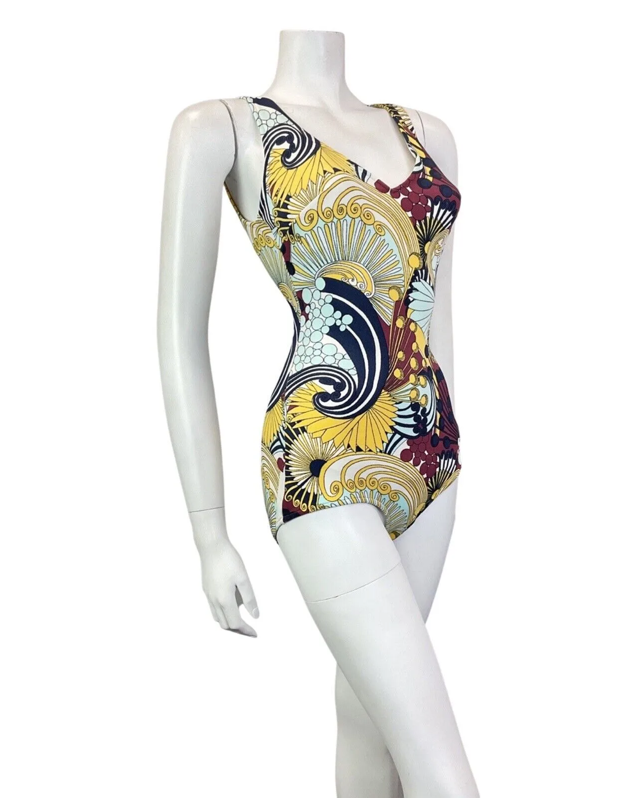 VINTAGE 60s 70s BLUE YELLOW RED FLORAL PSYCHEDELIC FAN SWIMSUIT 8 10