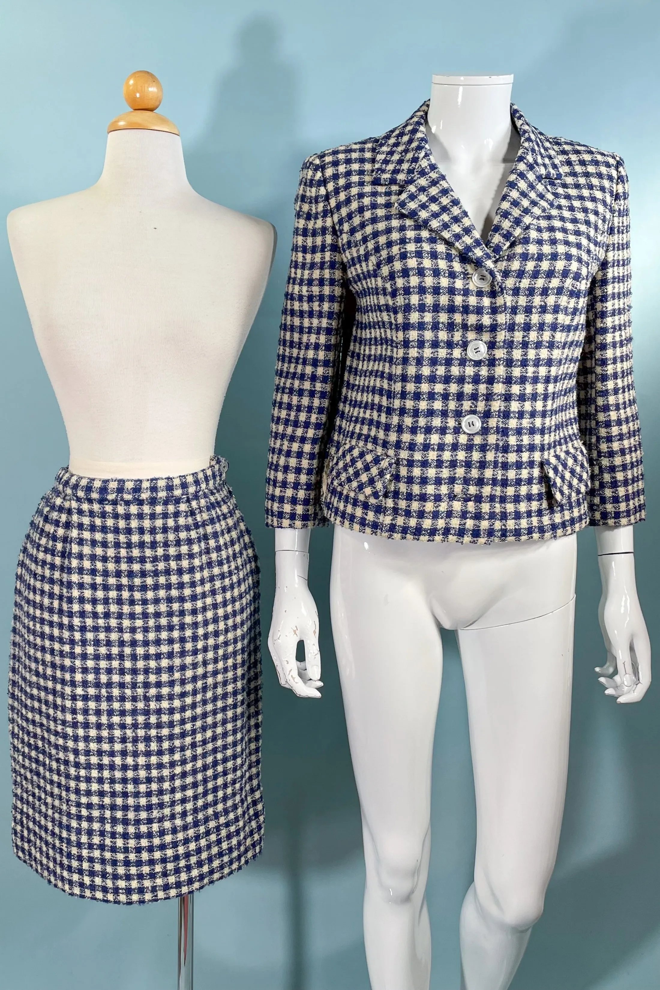 Vintage 60s Blue/White Wool Boucle Suit, I Magnin S