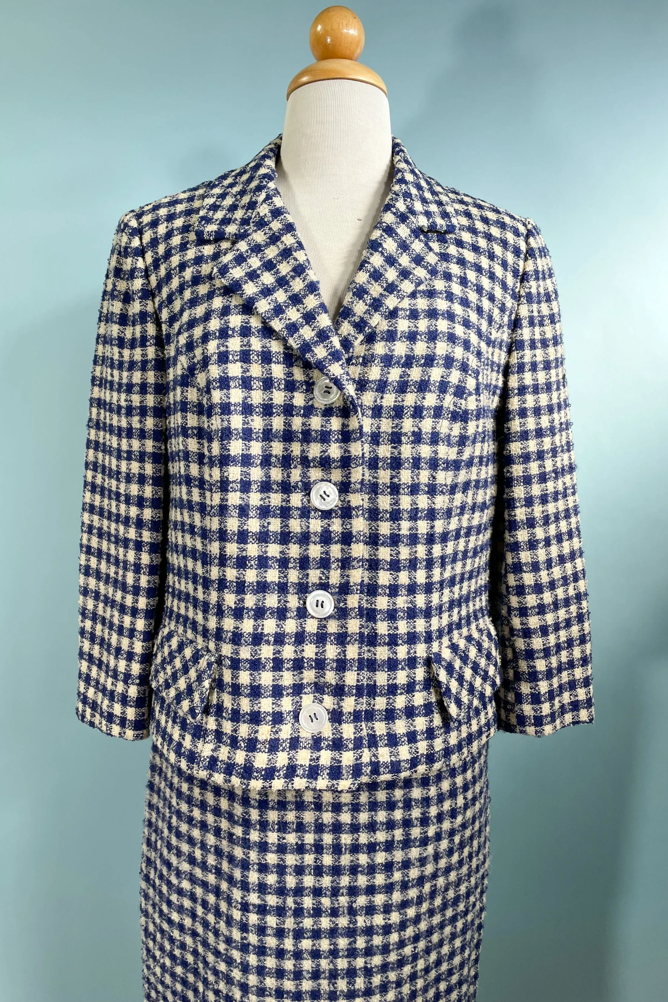 Vintage 60s Blue/White Wool Boucle Suit, I Magnin S