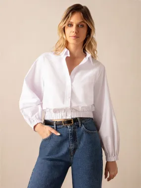 White Cotton Elastic Hem Cropped Shirt