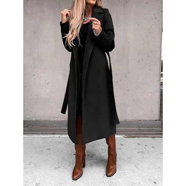 Women's Winter Coat Long Overcoat with Belt Fall Lapel Pea Coat with Pockets Trench Coat Fashion Street Wear Formal Jacket Long Sleeve Black White Yellow