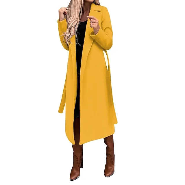 Women's Winter Coat Long Overcoat with Belt Fall Lapel Pea Coat with Pockets Trench Coat Fashion Street Wear Formal Jacket Long Sleeve Black White Yellow