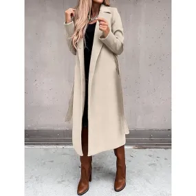 Women's Winter Coat Long Overcoat with Belt Fall Lapel Pea Coat with Pockets Trench Coat Fashion Street Wear Formal Jacket Long Sleeve Black White Yellow